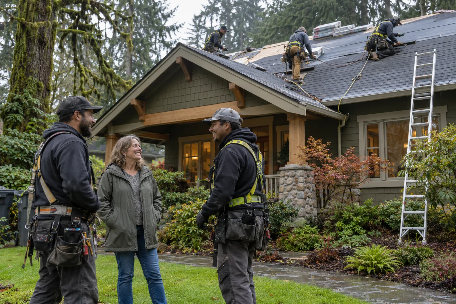 A local roofing provider installing new shingles on a wood-frame home in the Portland area