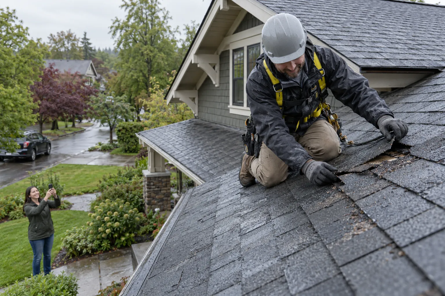Roofing provider inspecting storm-damaged shingles on a wood-frame home in Portland after a windstorm